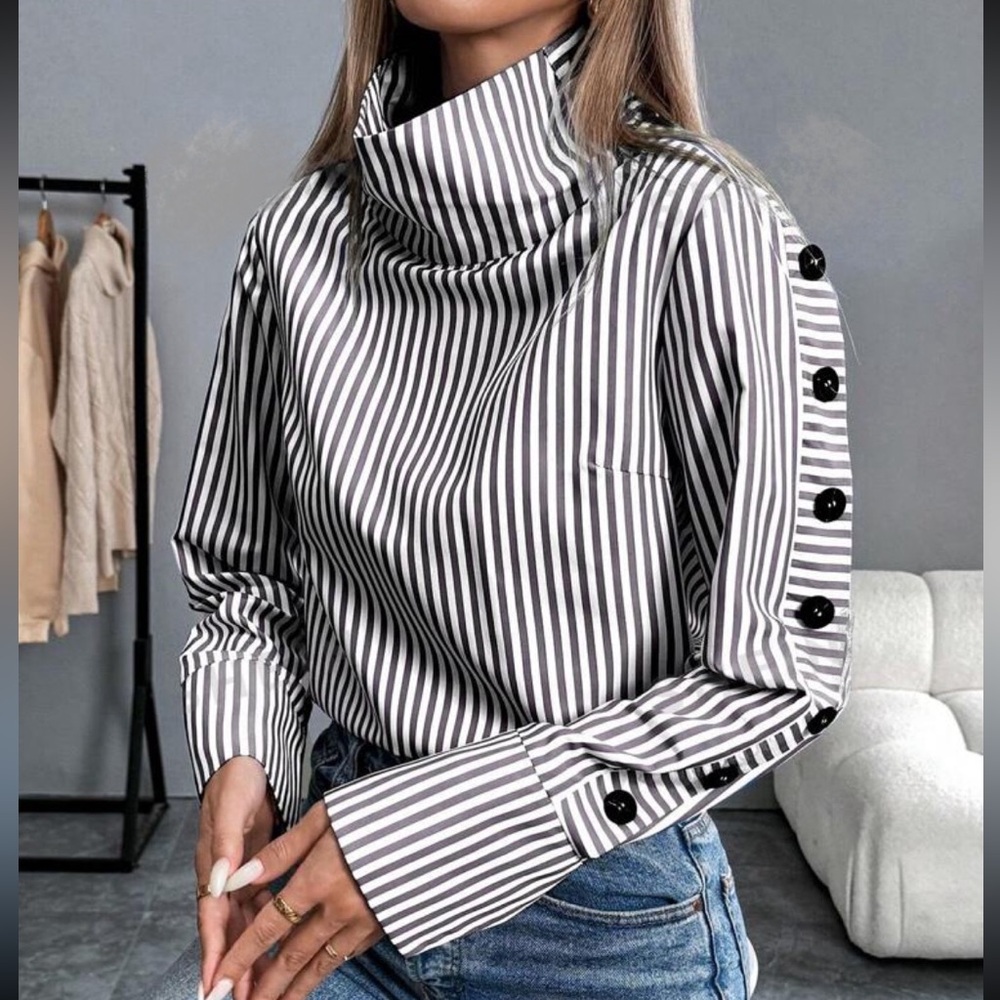 Blue & White Striped Button-Trim High Neck Shirt - Picture 2 of 6